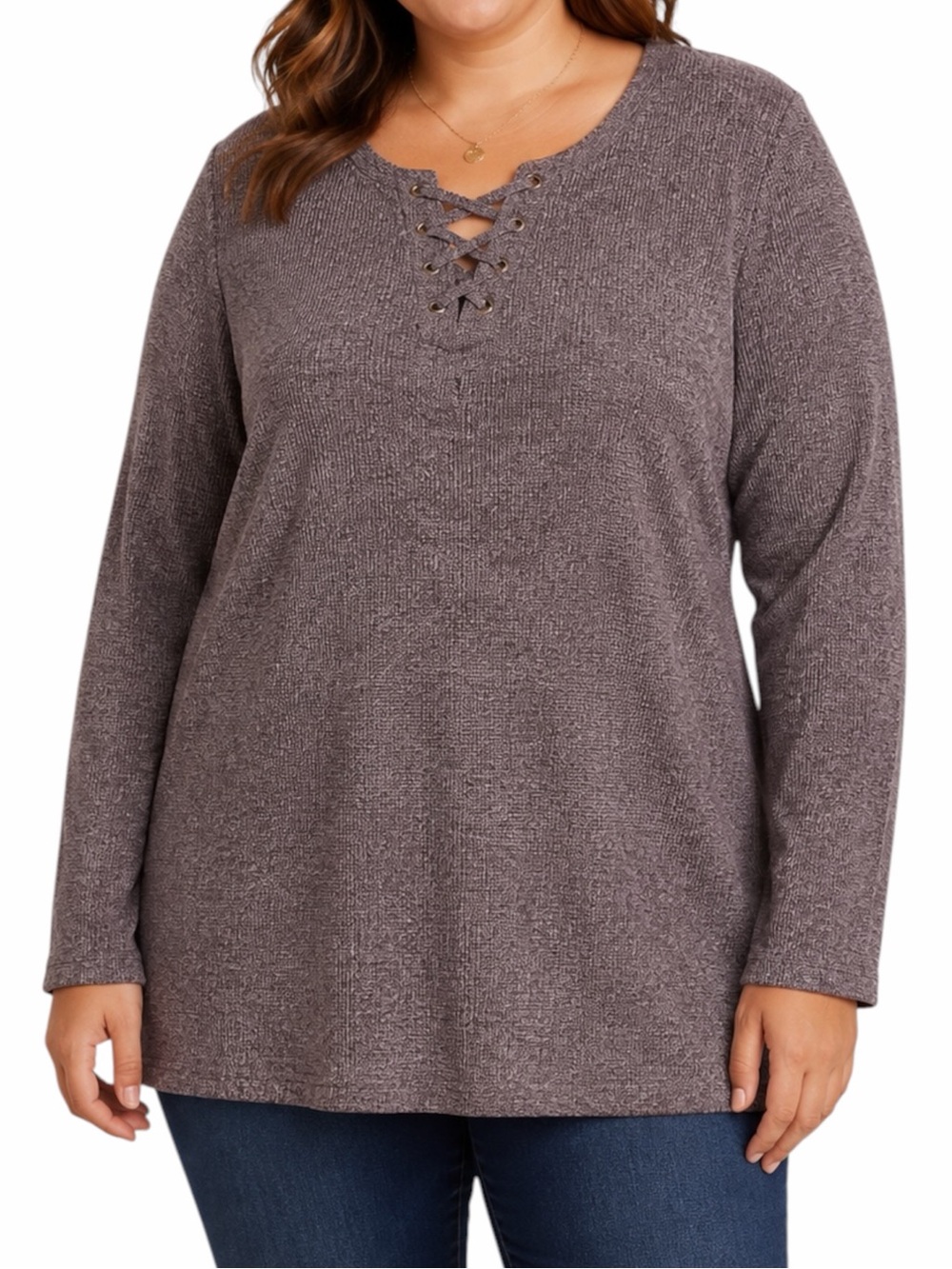 NATURAL REFLECTIONS Mauve Ribbed Knit Lace-Up Lightweight Sweater Top